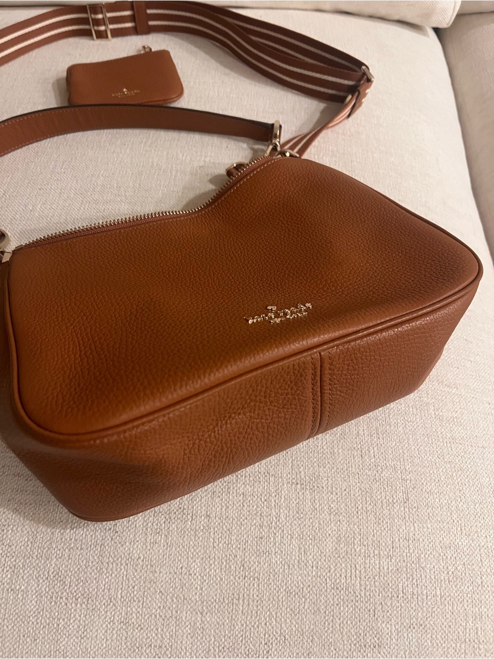 kate spade Pebbled Leather Shoulder Bag in Cognac with Striped Strap - Picture 2 of 5
